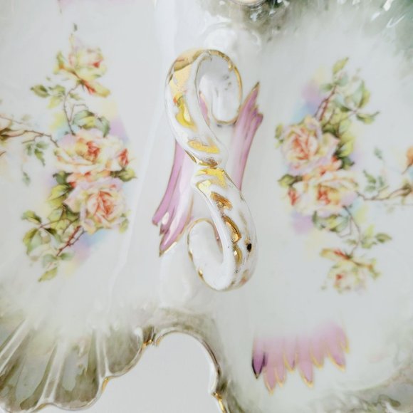 Vintage Victorian Dual Serving Centerpiece Bowl Yellow Rose Green Edge Gold Trim - Picture 14 of 16